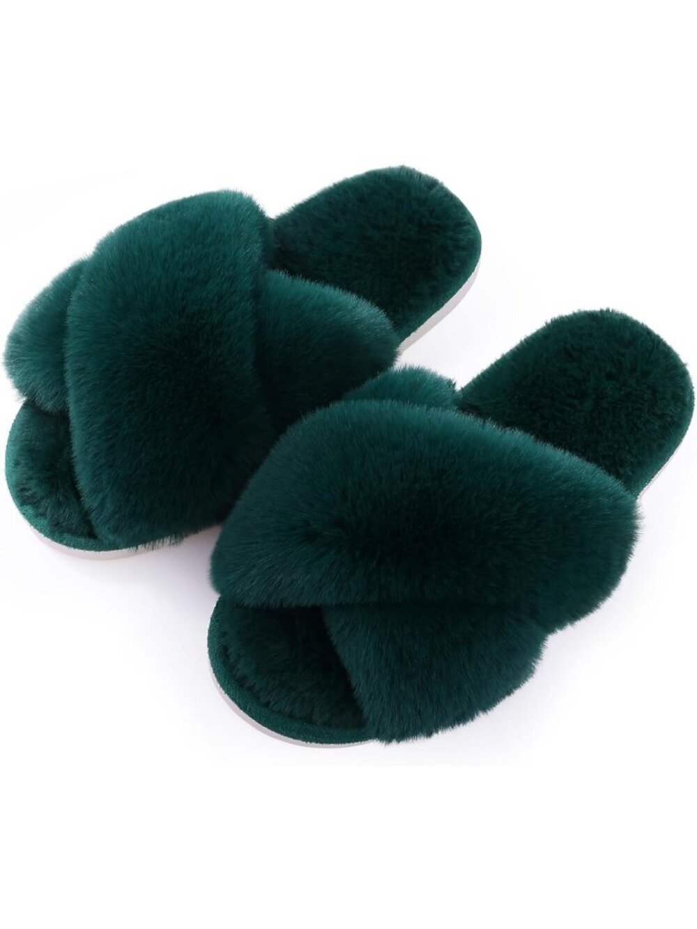 Women's Green Fuzzy Cross Band Memory Foam House Open Toe Soft Slipper Shoes